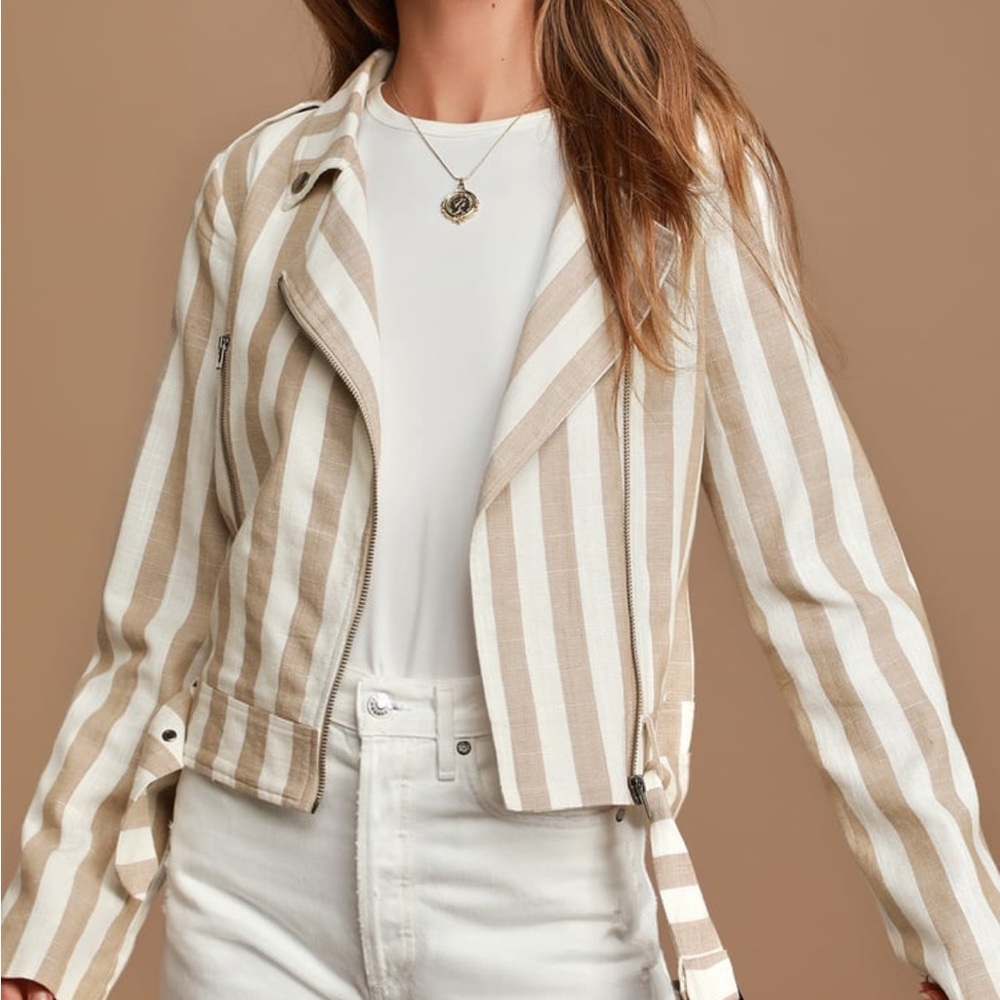 Vacation Signature Taupe and Ivory Striped Belted Moto Jacket